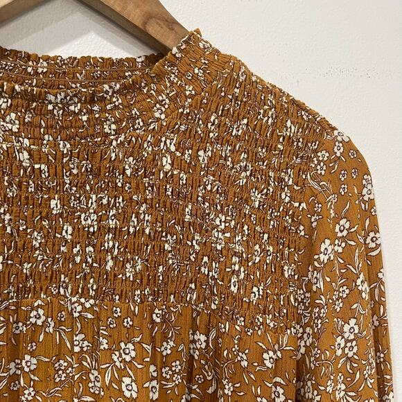 THML Mustard Smocked Floral Blouse Ruffle Sleeve Boho Chic Top Size Medium - Picture 4 of 10